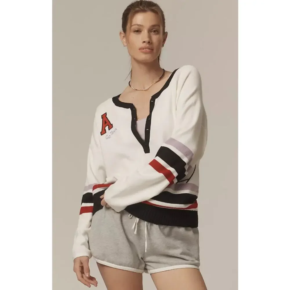 New Anthropologie Go Team Embroidered Henley Top - XL - Picture 1 of 3